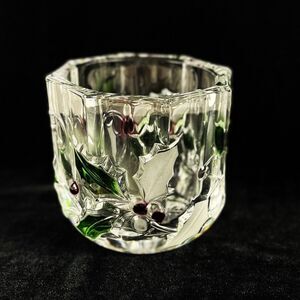 Mikasa Glass Votive Candle embossed Red green Holly berries Christmas home decor